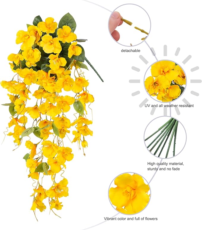 Fake Hibiscus Artificial Hanging Flowers Plants for Outdoors Spring Decoration, 4pcs Silk Hibiscus Vines Realistic UV Resistant Yellow Faux Flowers for Outside Planter Porch Patio Yard Wedding Party