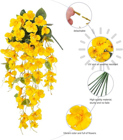 Fake Hibiscus Artificial Hanging Flowers Plants for Outdoors Spring Decoration, 4pcs Silk Hibiscus Vines Realistic UV Resistant Yellow Faux Flowers for Outside Planter Porch Patio Yard Wedding Party