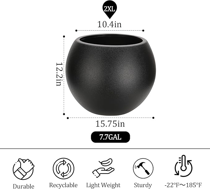 15.8”Dx12.2”H Lightweight Durable Modern Plastic Sphere Planter with Drainage Hole & Rubber Plug Weather Resistant,Planters for Indoor Plants & Outdoor,Large Plant Pot,(black, 10.4" Pot Opening)