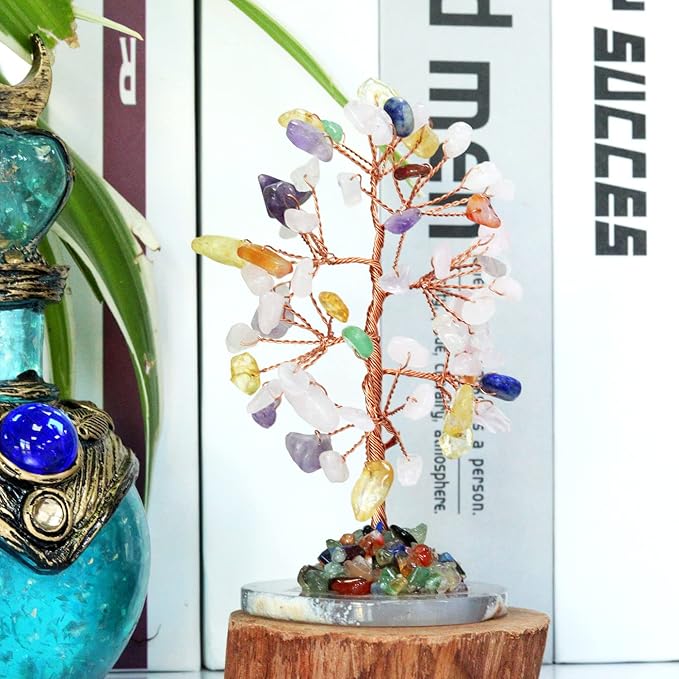 Muticolor Healing Crystal Tree of Life Natural Gemstone Agate Slice Base Copper Wire Wrapped Money Trees Feng Shui Reiki Spiritual Energy Decorations Home Office Room Desk Decor Gifts for Women Men