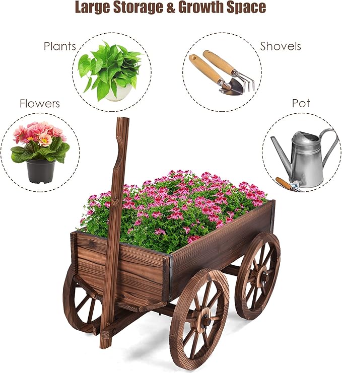 S AFSTAR Wooden Wagon, Wood Flower Planter Pot Stand with 4 Wheels & Drainage Holes, Amish Wagon Planter, Rolling Pot Stand Wood Wagon for Outdoor Plants Garden Decorative Garden Planter, Brown