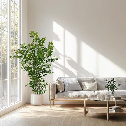 Artificial Ficus Tree with Green Leaves, 6ft Tall, Indoor Plant with Decorative Beige Planter