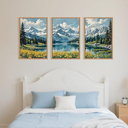Large Snow Mountain Wildflower Framed Canvas Wall Art,Pine Tree Woodland Wall Decor,Forest Floral Lake Wall Painting,Scenery Artwork for Living Room,Bedroom,Dining Room,Office -16"x24"x3