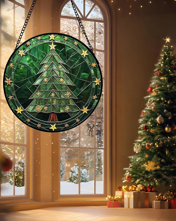 Stained Glass Window Hanging - Green Christmas Tree with Golden Stars Suncatcher for Doors Home Christmas Decoration Sun Catcher Thanksgiving New Year Birthday Gifts for Women Men Mom Nana 7.8 in