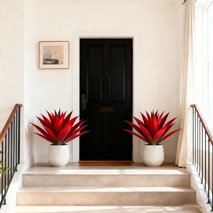 NASAMA 2Pack Artificial Plants, Large Agave, red and Green, Indoor Office Artificial Plants, UV-Resistant Fake Outdoor Decoration, Festival Outfits (Red, 28" Large 29 Leaves)