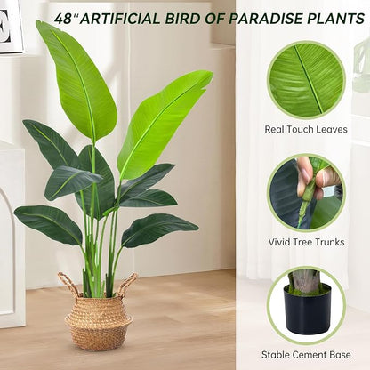 Bird of Paradise Plant Artificial 4ft, Faux Banana Leaf Tree with 9 Trunks in Pot and Woven Seagrass Belly Basket - The Perfect Silk Faux Plant for Indoor Outdoor House Living Room Decor