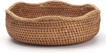 Rattan Bread Baskets Round Woven Fruit Bowls Key Holders Stackable for Storage, Snack, Fruit, Vegetable Natural Set of 3