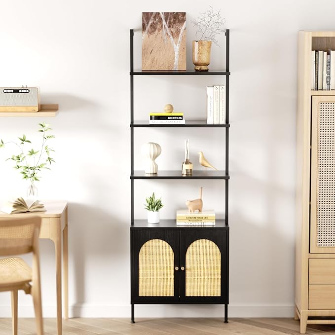 Set of 2 Tall Bookshelf with Storage, 6 Tier Ladder Bookshelf with Rattan Cabinet, Wall Mounted Bookcase with Doors & Metal Frame for Living Room, Bathroom, Home Office, Black