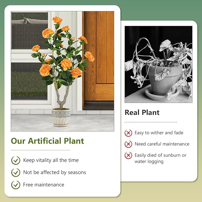 Goplus 36’’ Artificial Camellia Tree, 2 Pack Flower Plants Artificial Tree, Faux Floral Plant Blooming Tree in Nursery Pot, Greenery Potted Plant for Indoor Office Home Porch Decor, Orange