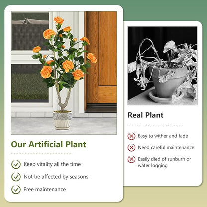 Goplus 36’’ Artificial Camellia Tree, 2 Pack Flower Plants Artificial Tree, Faux Floral Plant Blooming Tree in Nursery Pot, Greenery Potted Plant for Indoor Office Home Porch Decor, Orange