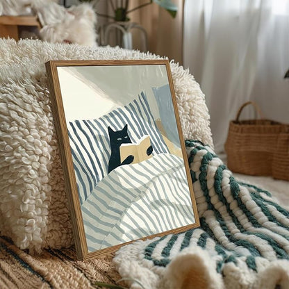 Funny Black Cat Wall Art Painting, Whimsical Cat in Stripe Bed Reading Wall Decor, Cute Animal Book Lover Blue and White Poster Canvas Prints for Bedroom Living Room 16x24 inch Wood Framed
