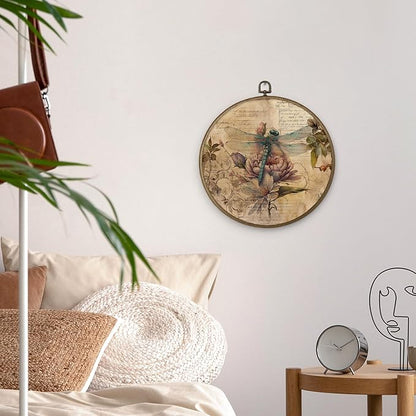 MAQIKA Farmhouse Dragonfly Framed Wall Art Decor, Dragonfly Wall Decor, Dragon Fly Floral Round Wall Hanging Decor, Vintage Dragonflies Canvas Prints Wall Art for Bathroom Living Room Home, 10x10 Inch