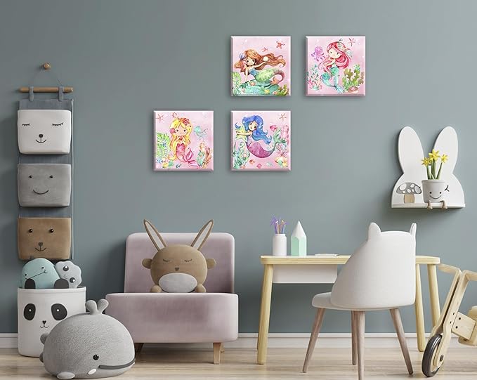 BLINFEIRU Mermaid Canvas Wall Art Set of 4, Cute Pink Watercolor Mermaid Pictures for Girls Room Bathroom Wall Decor, Modern Home Bedroom Nursery Decorations, Framed Artwork 12x12 Inch