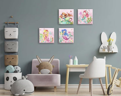 BLINFEIRU Mermaid Canvas Wall Art Set of 4, Cute Pink Watercolor Mermaid Pictures for Girls Room Bathroom Wall Decor, Modern Home Bedroom Nursery Decorations, Framed Artwork 12x12 Inch