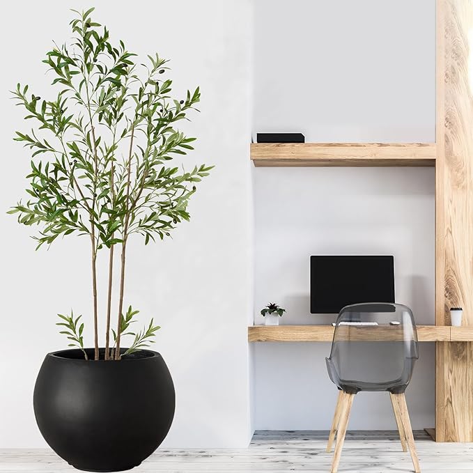 17 H x 21" Dia (15" Pot Opening) Round Fiberstone Planter with Drainage Hole, Black, Indoor/Outdoor Large Plant Pot for Home Patio Garden, Planter for Christmas Tree, Ideal for Large Plants