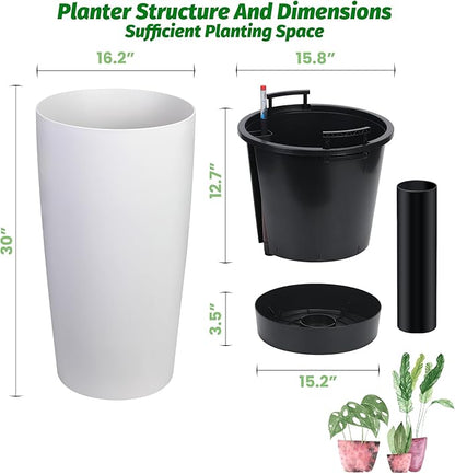GarveeLife 30 in Tall Planters for Outdoor Plants Set of 2, Large Outdoor Planters for Front Porch Decor with Drainage Holes＆Water Level Monitor ＆Inner Bucket, Automatic Watering, White