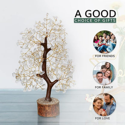 NARIBABU Clear Quartz Crystal Tree – 10-12 Inch Gemstone Tree with Golden Wire & Wooden Base – Healing Crystals Decor, Gifts for Her, Spiritual Gift, Birthday Gift for Women