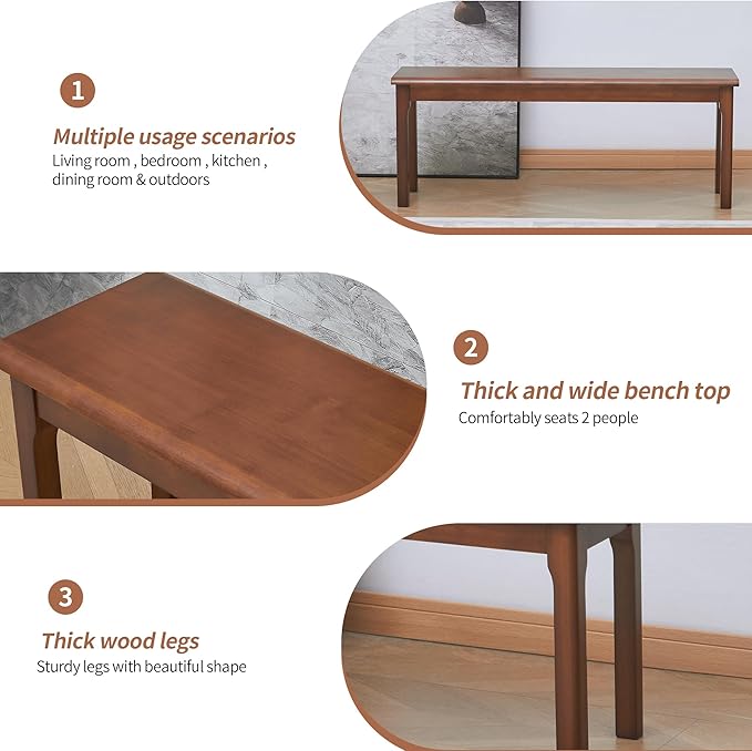Outdoor indoor wood Bench, 47″Patio Garden,balcony,restaurant,canteen,refectory, entryway,kitchen,farmhouse,dining room,bedroom Wooden Bench,solid Wood benches for dining table,2 Person seat bench