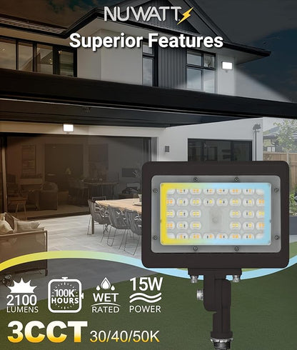 NUWATT 15W LED Flood Light, 3CCT 3000K/4000K/5000K Selectable, IP65 Waterproof Lighting, 1/2" Adjustable Knuckle Mount, 2100 Lumens, 120-277V, Outdoor Security Floodlight for Yard, Bronze, UL