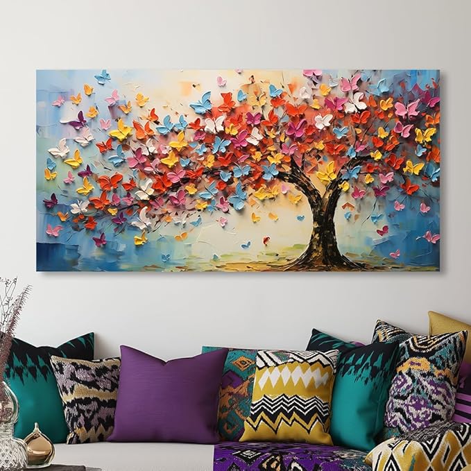 Butterfly Tree Canvas Wall Art Colorful Tree of Life Canvas Oil Painting Prints for Living Room Office Abstract Butterfies Tree Wall Décor Artwork Family Bedroom Farmhouse Décor,Ready to Hang (16x32 Inches)