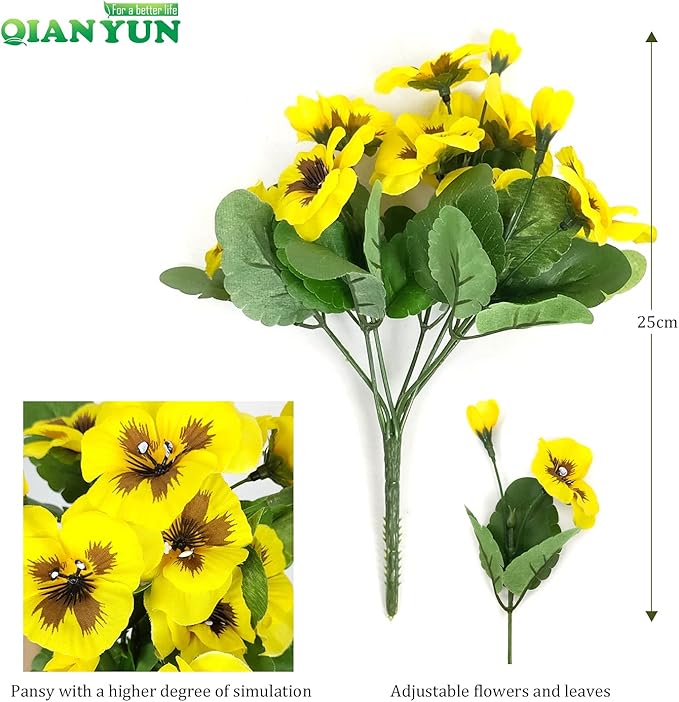 QIANYUN 8 Bundles Fake Flowers Pansy Small Wild Flower Daisy Faux Plastic Purple Flowers for Home Wedding Kitchen Garden Table Centerpieces Indoor Outdoor Decor (Yellow)