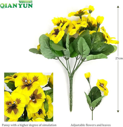 QIANYUN 8 Bundles Fake Flowers Pansy Small Wild Flower Daisy Faux Plastic Purple Flowers for Home Wedding Kitchen Garden Table Centerpieces Indoor Outdoor Decor (Yellow)