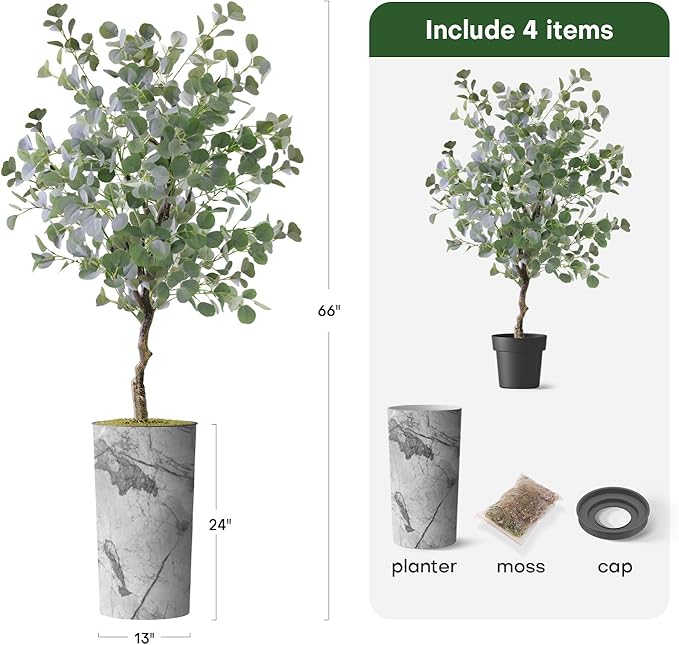 Artificial Tree in Gray Marble Effect Planter, Fake Eucalyptus Silk Tree for Indoor and Outdoor Home Decoration - 66" Overall Tall (Plant Pot Plus Tree)