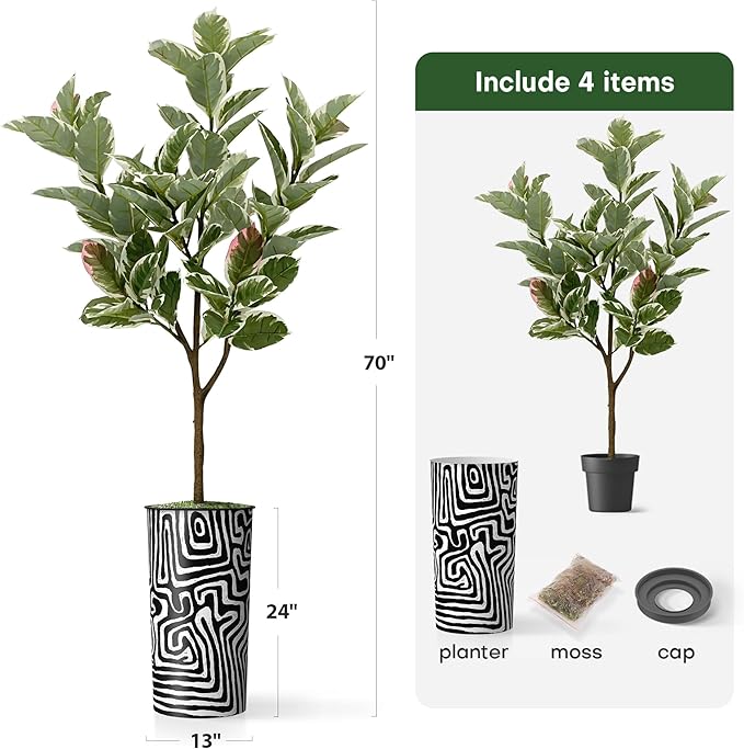 Artificial Tree in Modern Geometric Pattern Planter, Fake Rubber Silk TRE for Indoor and Outdoor Home Decoration - 70" Overall Tall (Plant Pot Plus Tree)