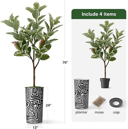 Artificial Tree in Modern Geometric Pattern Planter, Fake Rubber Silk TRE for Indoor and Outdoor Home Decoration - 70" Overall Tall (Plant Pot Plus Tree)