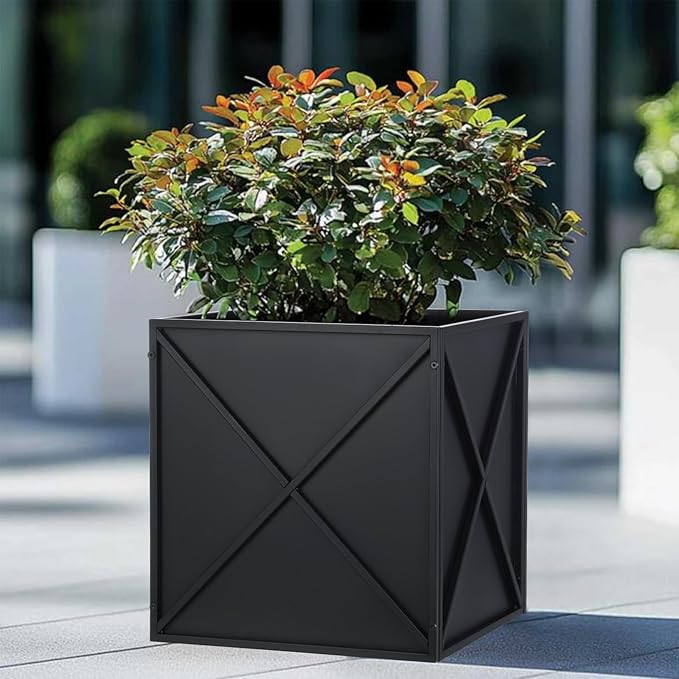 BAYN Metal Square Planter Box Tall Planters for Outdoor Plants Modern Heavy Duty with Drainage Holes for Outside Indoor Patio Deck - Black, 17”x 17”x 18”