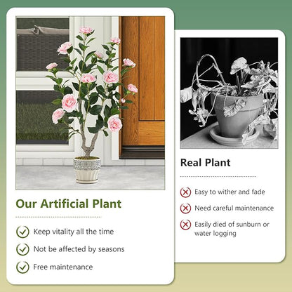 Goplus 36’’ Artificial Camellia Tree, Flower Plants Artificial Tree, Faux Floral Plant Blooming Tree in Nursery Pot, Greenery Potted Plant for Indoor Office Home Porch Decor, Pink