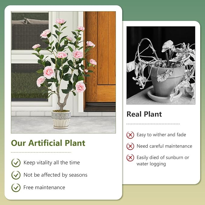 Goplus 36’’ Artificial Camellia Tree, 2 Pack Flower Plants Artificial Tree, Faux Floral Plant Blooming Tree in Nursery Pot, Greenery Potted Plant for Indoor Office Home Porch Decor, Pink