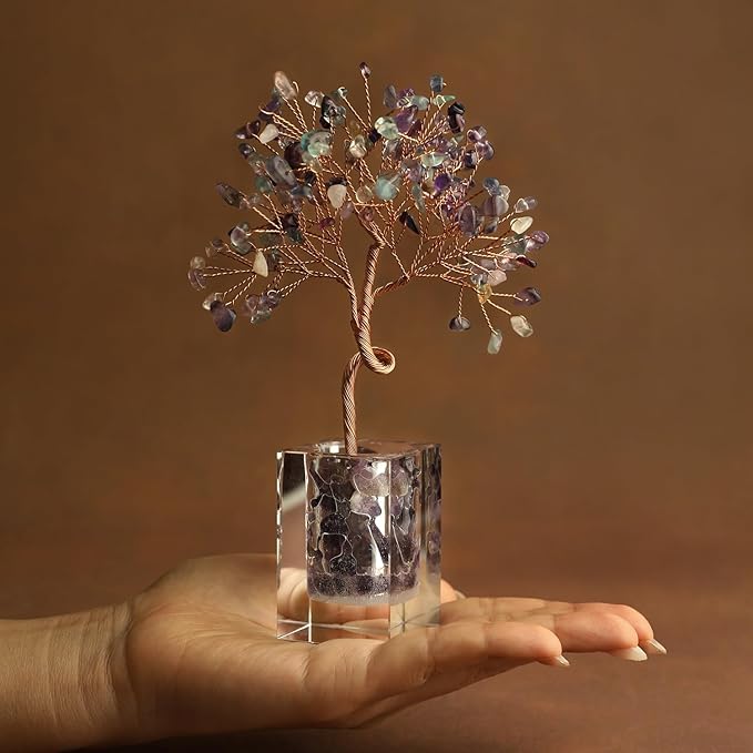 Fluorite Crystal Tree 6.5 Inch Handmade Gem Tree with 147 Stones Office Home Room Decor, Healing Energy Plant for Desk, Gift for Women and Men, Spiritual Meditation Decor