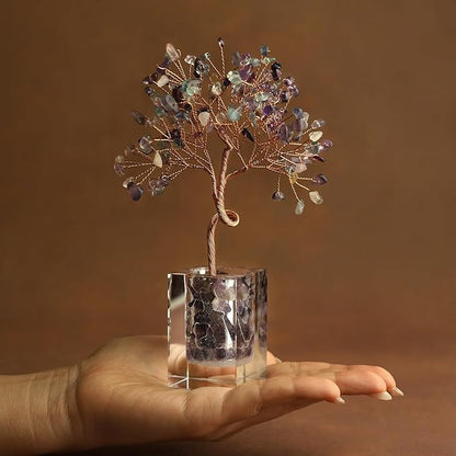 Fluorite Crystal Tree 6.5 Inch Handmade Gem Tree with 147 Stones Office Home Room Decor, Healing Energy Plant for Desk, Gift for Women and Men, Spiritual Meditation Decor