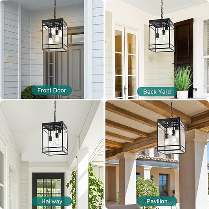 Large Outdoor Pendant Light for Porch, Black Outdoor Hanging Pendant Lighting Fixture, Exterior Linear Chandelier Hanging Lantern for Outside Patio,Front Door