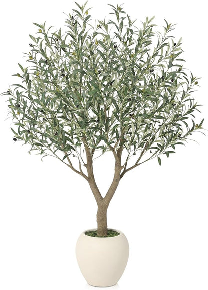 Olive Trees Artificial Indoor,5Ft Large Faux Plants,Tall Fake Tree with 12in White Round Planter,Full & Lush Faux Olive Tree for Home Decor Living Room, Office or Bedroom,Housewarming