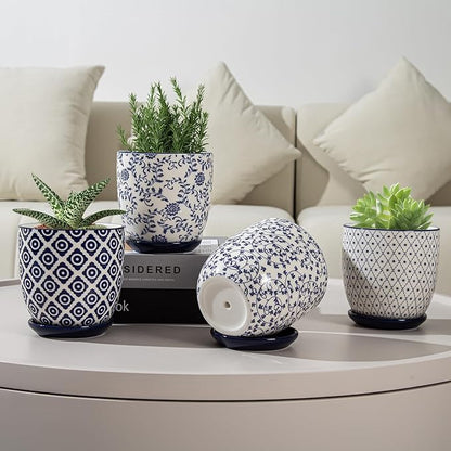 Ceramic Succulent Planter Pots - 4.6 Inch Small Flower Pot with Drainage Holes and Saucers for Indoor Plant, Cactus, Herbs, Outdoor Plants, Home Decor, Set of 4, Vintage Blue