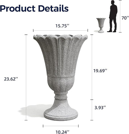 FONTOI 23" Tall Plastic Urn Planter (2-Pack) – Planters for Outdoor Plants with Drainage Holes & Petal Design, Heavy-Duty Classic Indoor Large Flower Pots for Home Garden, Front Porch & Decor, Grey