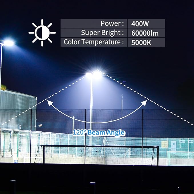 400W Led Stadium Flood Light Outdoor 60000Lm 2500W Equivalent Super Bright Commercial Area Lighting 100-277V 5000K Daylight IP66 Waterproof Arena Lights for Sport Fields and Courts