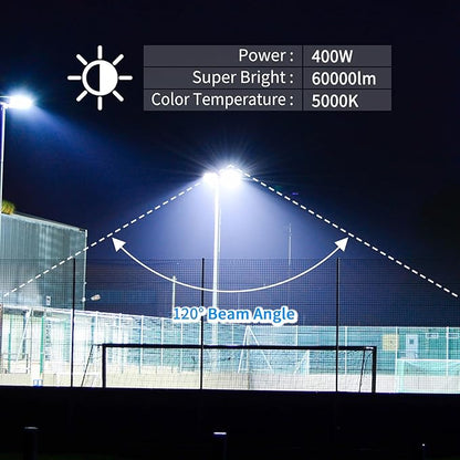 400W 2 Pack Led Stadium Flood Light Outdoor 60000Lm 2500W Equivalent Super Bright Commercial Area Lighting 100-277V 5000K Daylight IP66 Waterproof Arena Lights for Sport Fields and Courts
