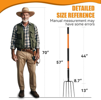 5-Tine Pitchfork for Gardening, 57-Inch Heavy Duty Garden Fork with Orange Fiberglass Handle for Compost, Mulch and Manure
