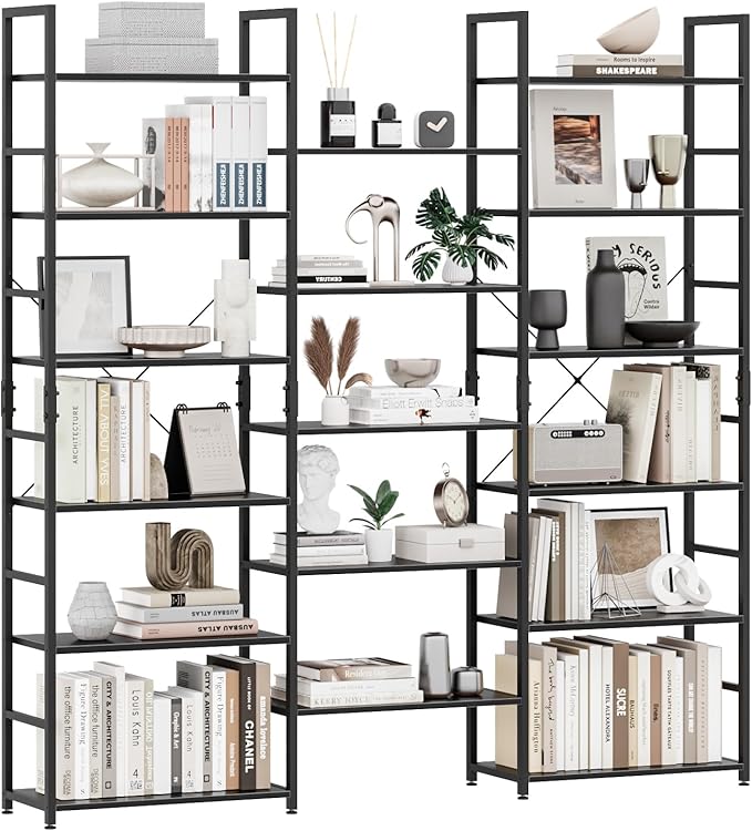 OTK Triple Wide 6 Tier Bookshelf, Rustic Industrial Style Bookcases with 14 Open Display Shelves, Wide Bookshelves for Bedroom, Living Room and Home Office, Black