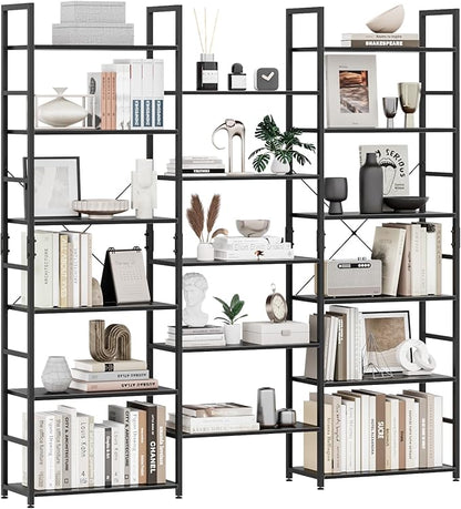 OTK Triple Wide 6 Tier Bookshelf, Rustic Industrial Style Bookcases with 14 Open Display Shelves, Wide Bookshelves for Bedroom, Living Room and Home Office, Black