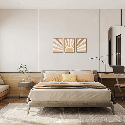 Bwodke Boho Wall Art, Framed Abstract Wall Art, Sun Rising on the Horizon Neutral Canvas Wall Decor, Mid Century Geometric Pictures Set of 3, Minimalist Paintings, for Bedroom Living Room Bathroom 12"x16"