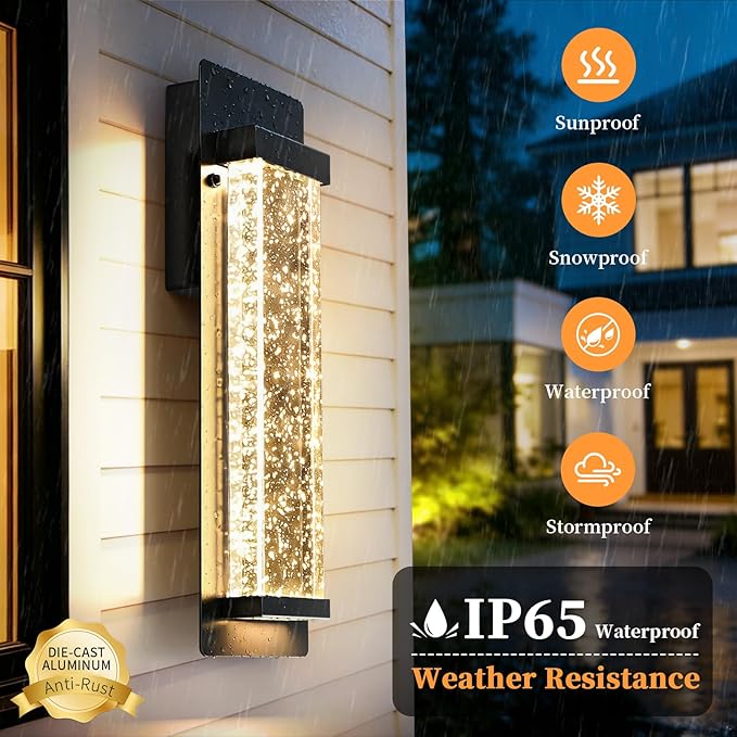 14" Bubble Glass LED Outdoor Wall Sconce Lights Exterior 2-Pack, Waterproof Modern Outdoor Porch Lights Wall Mount 3000K, 12W Black Exterior Lighting Fixtures Coach Lights for Garage House