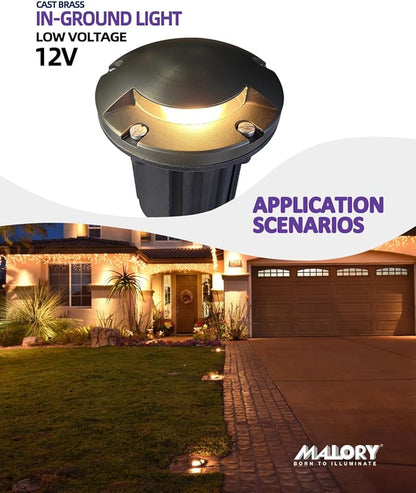 MALORY Low Voltage Landscape Well Lights,（5‘’H 12V Brass Top Cover Outdoor In Ground Lights,Landscape Lighting for Pathway, Driveway and Garden (One-Direction Turret, 1-Pack with Bulb)