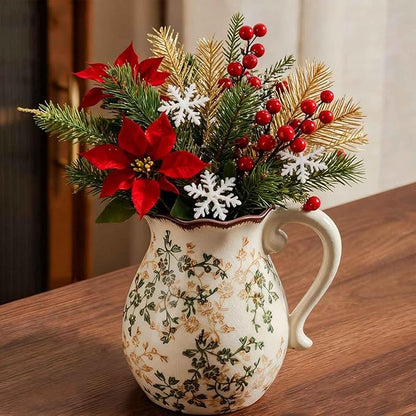 Vintage Ceramic Vase with Handle, Green and Beige Rustic Flower Pitcher Vase for Home Decor, Decorative Vase for Living Room, Bookshelf, Office, Vases for Centerpieces 8 Inch