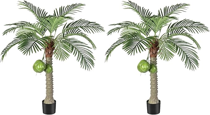 Artificial Phoenix Palm Tree with Coconut Fruit Outdoor Indoor Decor Large Faux Coconut Silk Palm Tree Tropical Fake Tree Large Faux Sago Palm Plant for Home Yard Outside (5 FT)