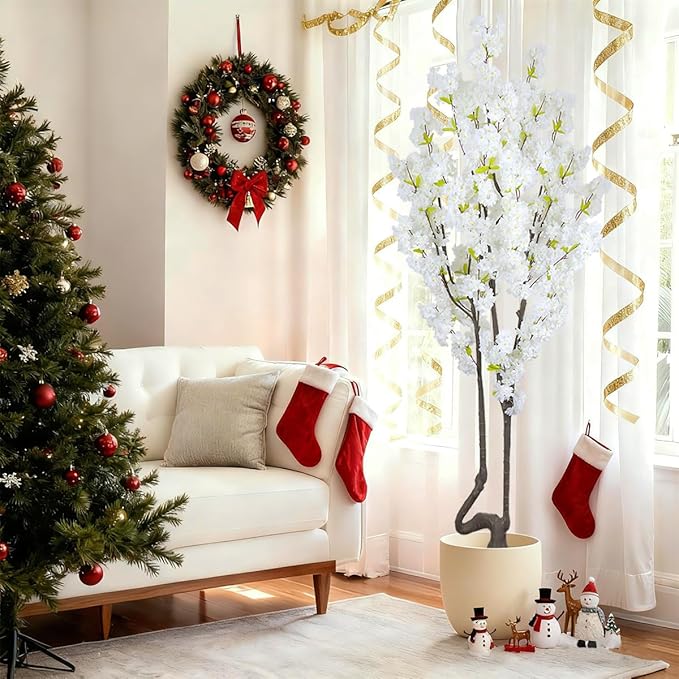 7.2 ft White Artificial Cherry Blossom Tree, Nearly Nature Faux Silk Flower Tree Indoor, Fake Realistic White Flowering Tree for Christmas New Year Home Decor