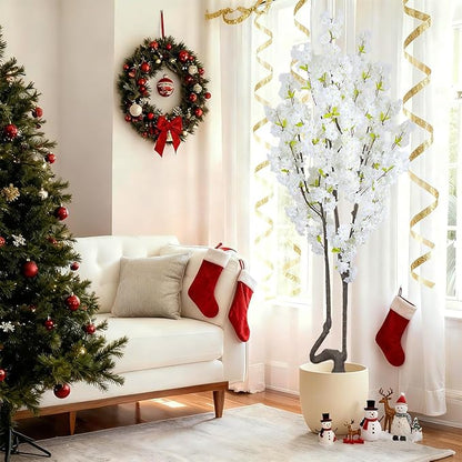 7.2 ft White Artificial Cherry Blossom Tree, Nearly Nature Faux Silk Flower Tree Indoor, Fake Realistic White Flowering Tree for Christmas New Year Home Decor